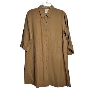 Coldwater Creek Silk Linen Long Tunic Top Medium Button Front Roll Tab Sleeve